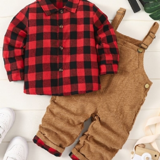 Chlapecká Flanelová Kostkovaná Košile + Padnoucí Pevný Overal Set Dětského Zimního Oblečení