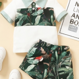 Chlapecká Košile Color Block + Tropical Print Shorts Set Dětského Oblečení Na Léto