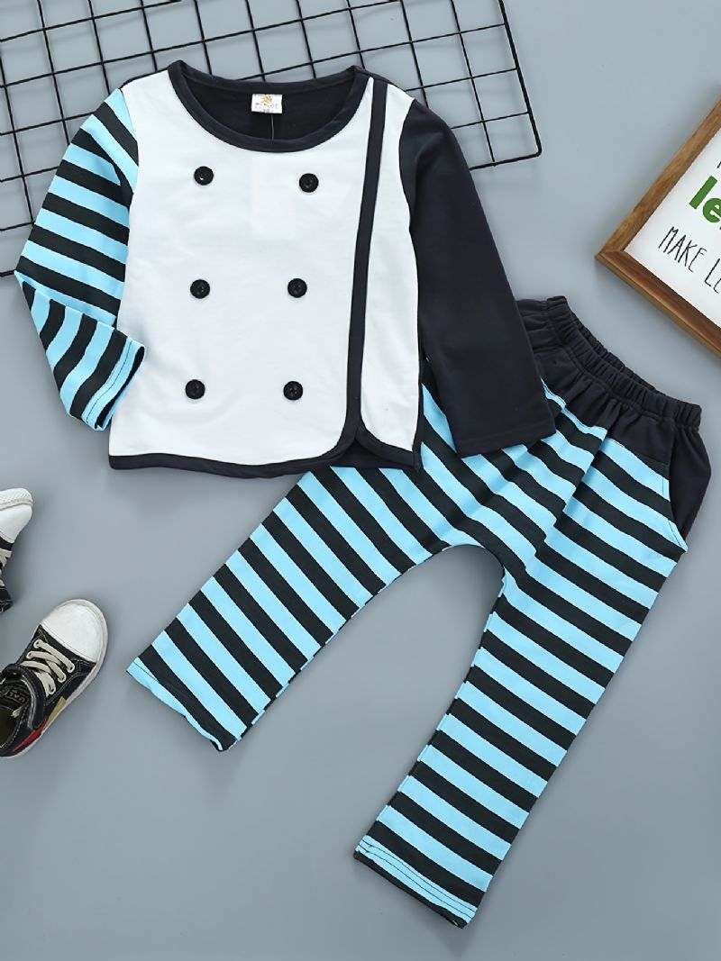 Chlapecký Color Block Top S Kulatým Výstřihem A Dlouhým Rukávem + Sada Pruhovaných Kalhot Dětské Oblečení