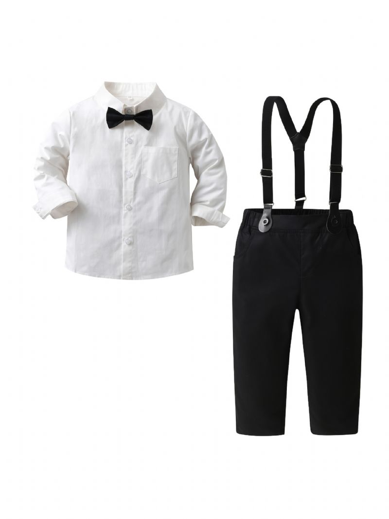 Chlapecký Gentleman Outfit Bílá Košile S Dlouhým Rukávem A Motýlkem A Suspender Kalhoty Set Oblečení