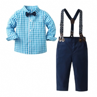Chlapecký Gentleman Outfit Kostkovaná Košile S Dlouhým Rukávem S Motýlkem A Podvazkovými Kalhotami Set Oblečení