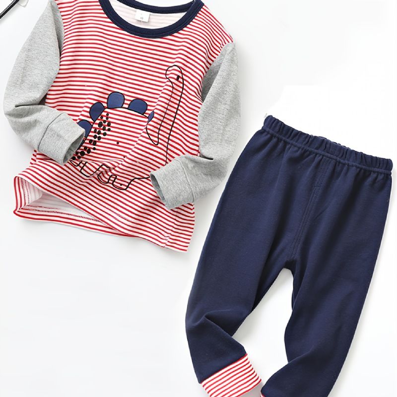 Chlapecký Tištěný Dinosauří Barevný Blok Pruhovaný Crew Neck Dlouhý Rukáv Kalhoty Set Podzim Zima