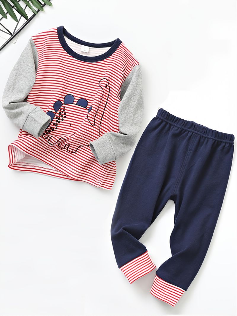 Chlapecký Tištěný Dinosauří Barevný Blok Pruhovaný Crew Neck Dlouhý Rukáv Kalhoty Set Podzim Zima