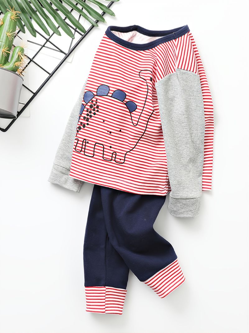 Chlapecký Tištěný Dinosauří Barevný Blok Pruhovaný Crew Neck Dlouhý Rukáv Kalhoty Set Podzim Zima