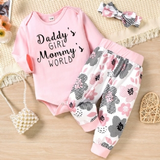 Dívčí Body S Dlouhým Rukávem Onesie & Floral Print Kalhoty & Čelenka