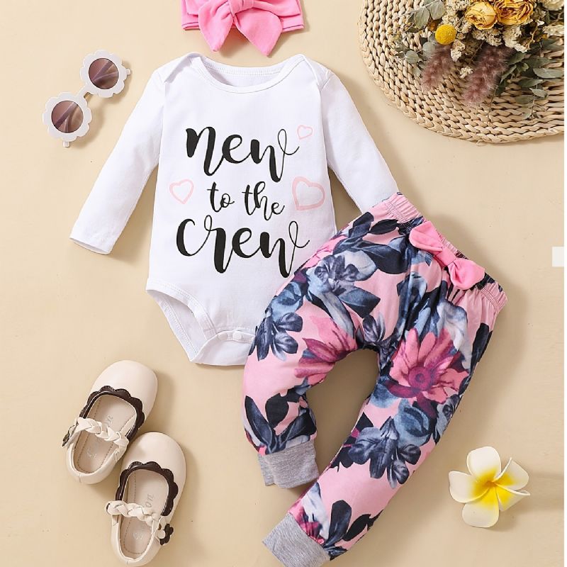 Dívčí Body S Dlouhým Rukávem Onesie & Floral Print Kalhoty & Čelenka