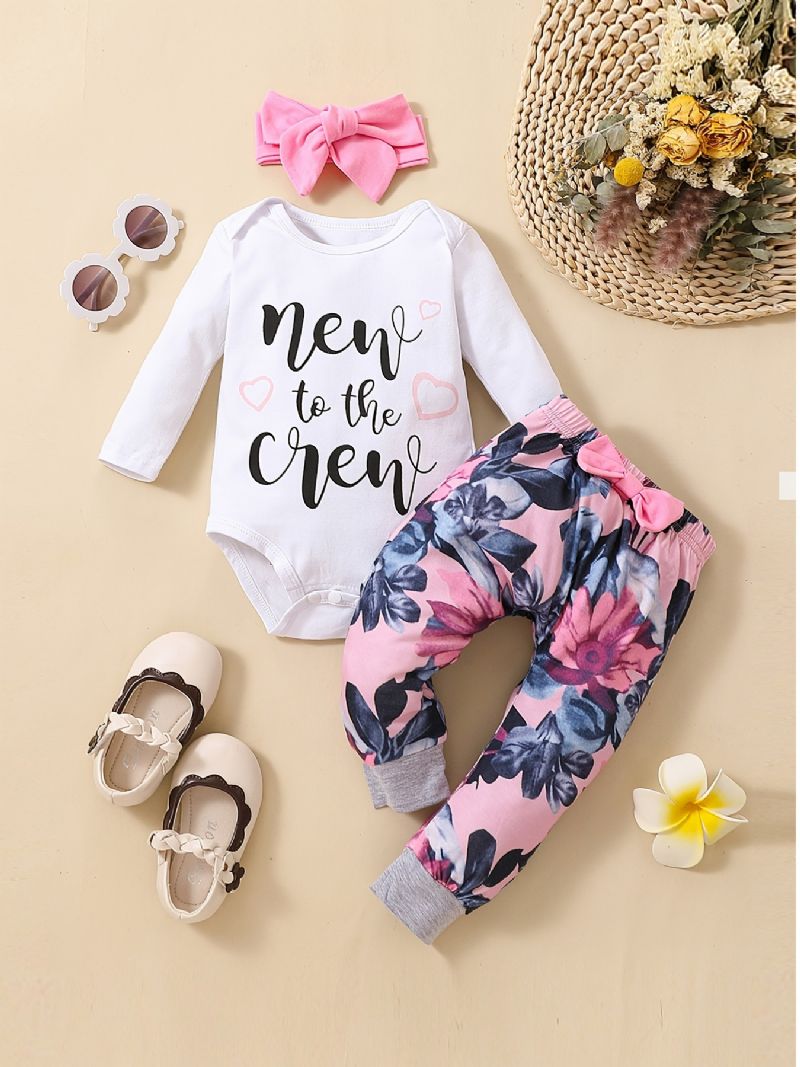 Dívčí Body S Dlouhým Rukávem Onesie & Floral Print Kalhoty & Čelenka