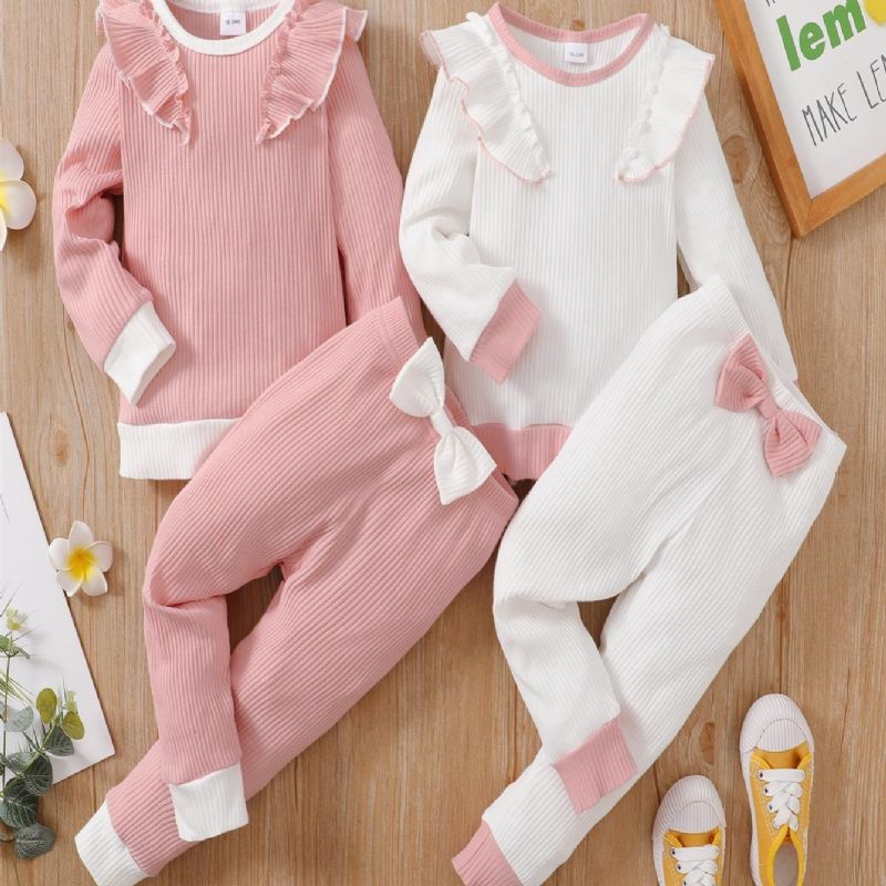 Dívčí Dlouhý Rukáv Volánkový Top & Kalhoty S Mašlí Set Dětské Oblečení