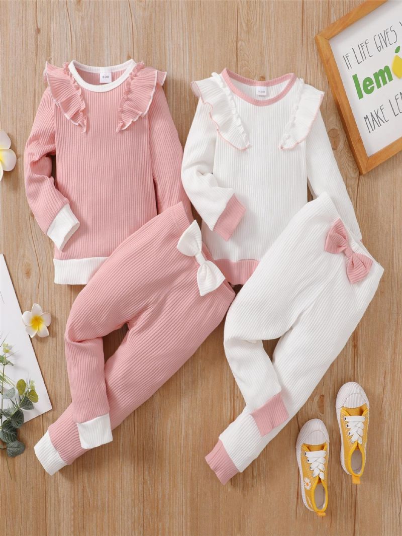 Dívčí Dlouhý Rukáv Volánkový Top & Kalhoty S Mašlí Set Dětské Oblečení