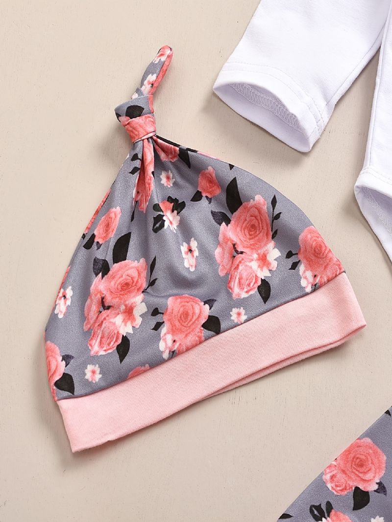 Dívčí Kombinéza S Dlouhým Rukávem + Ladící Kalhoty S Květinovým Potiskem + Čepice Souprava Body Onesie Soupravy Kojenecké Výstroje Oblečení