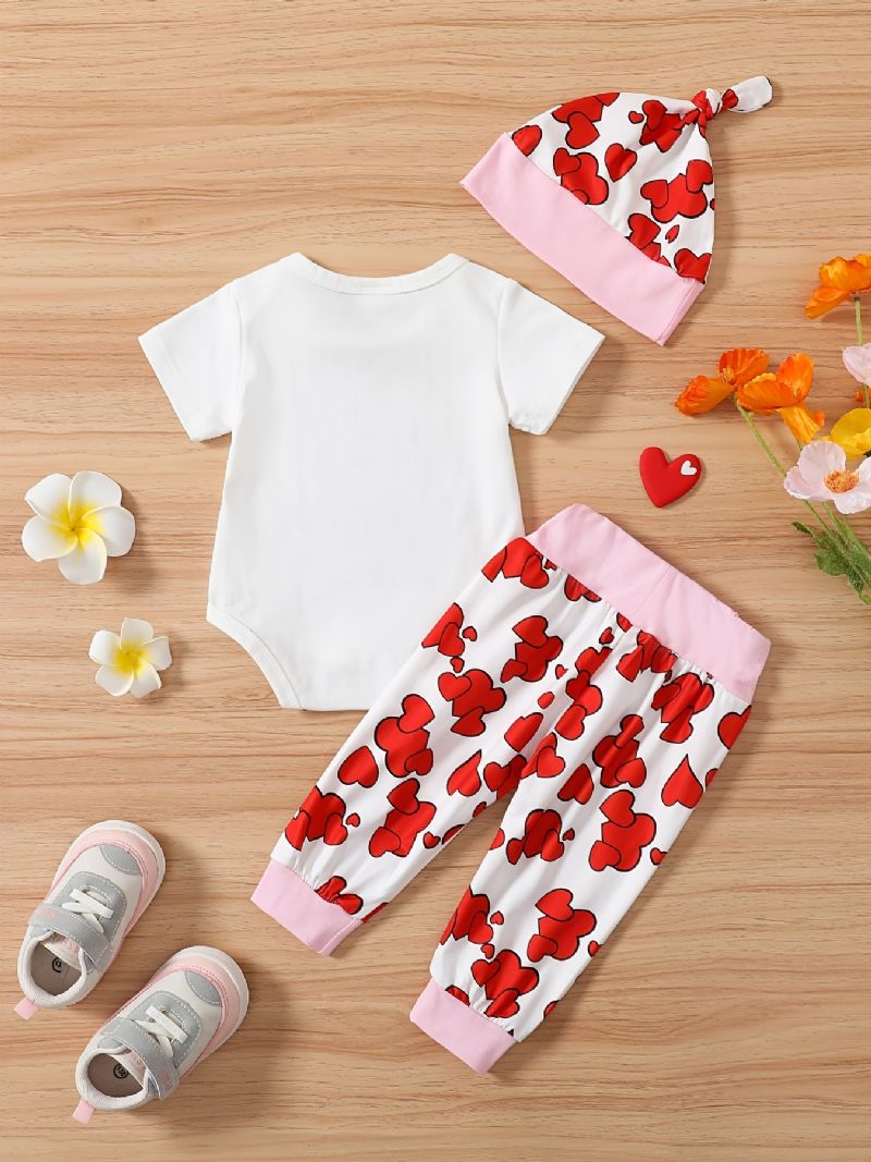 Dívčí Kombinéza S Krátkým Rukávem + Odpovídající Potisk Srdce + Čepice Souprava Body Onesie Kojenecké Oblečení Soupravy Výbavičky