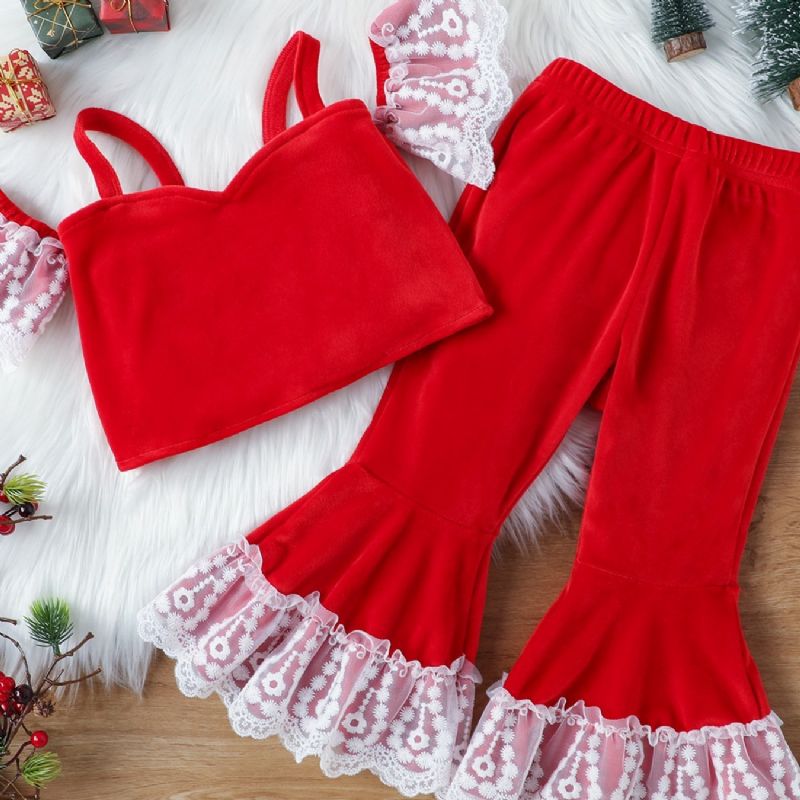 Dívčí Krajkové Podvazky Top + Odpovídající Rozšířené Kalhoty S Krajkovým Dekorem Dětské Oblečení Na Vánoce Čínský Nový Rok