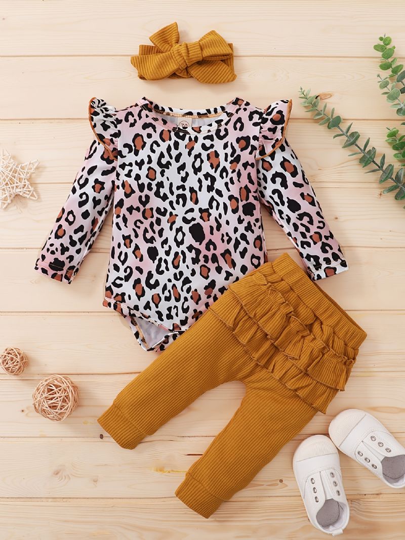Dívčí Leopardí Overal A Pevné Kalhoty A Čelenka Set Oblečení Pro Miminka