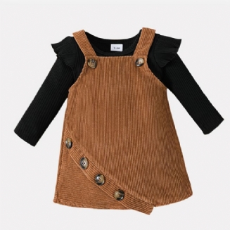 Dívčí Manšestrové Šaty S Knoflíkem + Top Set Dětského Oblečení S Dlouhým Rukávem