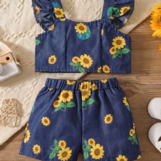 Dívčí Módní Květinový Tisk Denim Top Šortky Set