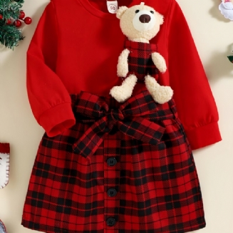 Dívčí Odnímatelná Mikina Cartoon Bear & Kostkovaná Přední Sukně S Mašlí Vánoční