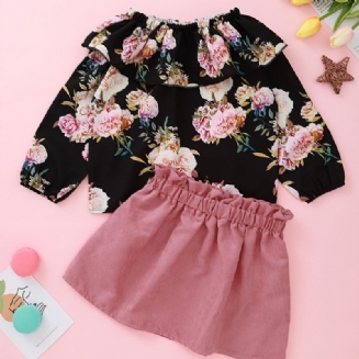 Dívčí Rose Print Off Shoulder Top + Pevná Sukně Set Dětské Oblečení