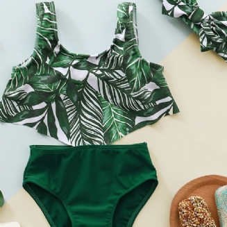 Dívčí Swimsuit Leaves Print Top + Swim Bottoms + Headband Set Dětské Oblečení