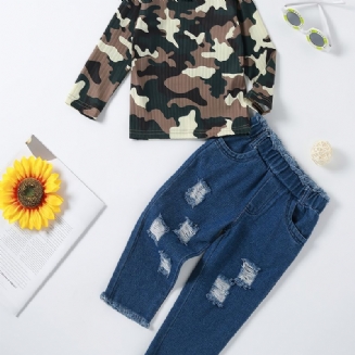 Dívčí Top S Camo Sleeve + Ripped Raw Hem Jeans Set Dětské Oblečení