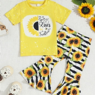 Dívčí Top S Krátkým Rukávem S Výstřihem + Ladící Slunečnice Potisk Rozšířené Kalhoty Set Dětské Oblečení