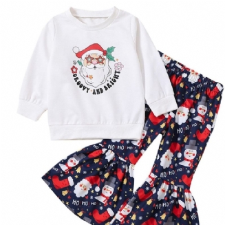 Dívčí Vánoční Outfit Dlouhý Rukáv Posádka Výstřih Santa Claus Potisk Pulovr & Flare Leg Pants Set Dětské Oblečení