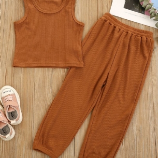 Dívčí Žebrované Jednobarevné Tílko + Kalhoty Set Dětské Oblečení Na Léto