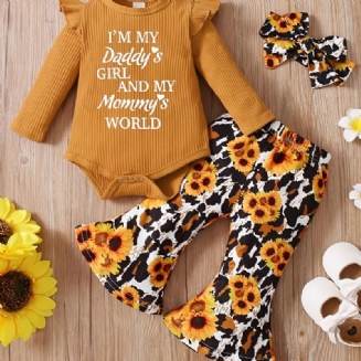 Dětské Dívčí Kombinézy Letter Print Dlouhý Rukáv Létající Rukávy Body & Sunflower Flare Leg Kalhoty A Čelenka Oblečení