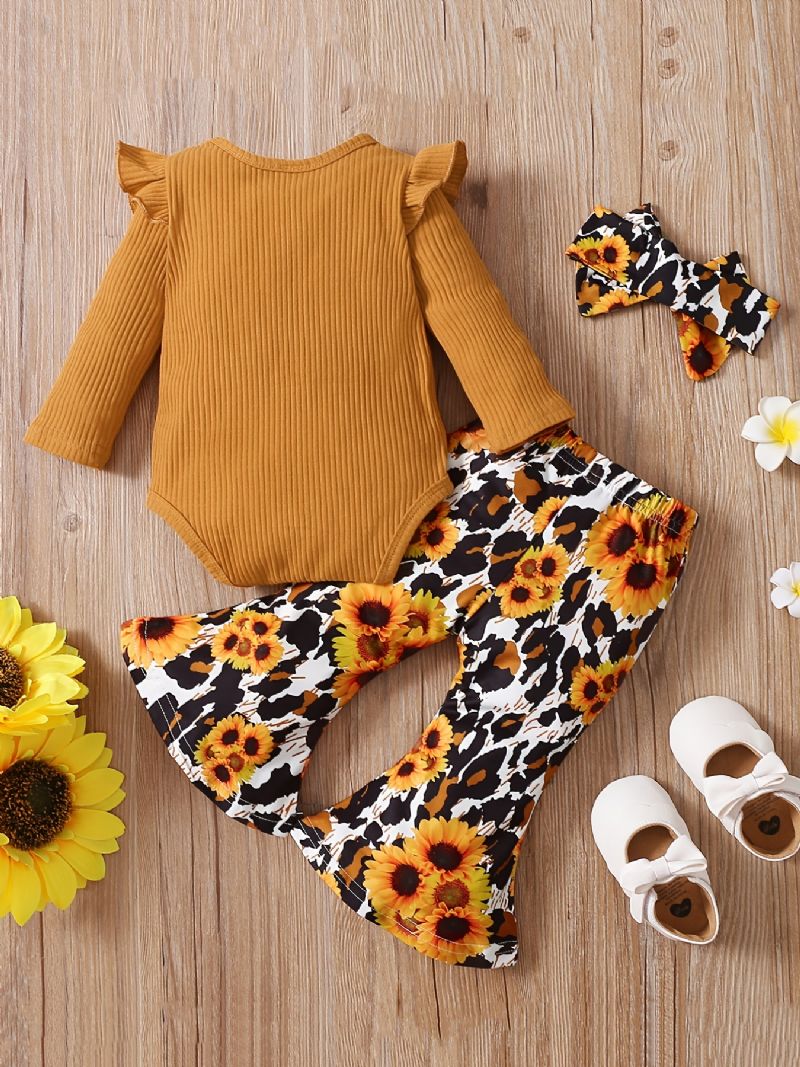 Dětské Dívčí Kombinézy Letter Print Dlouhý Rukáv Létající Rukávy Body & Sunflower Flare Leg Kalhoty A Čelenka Oblečení