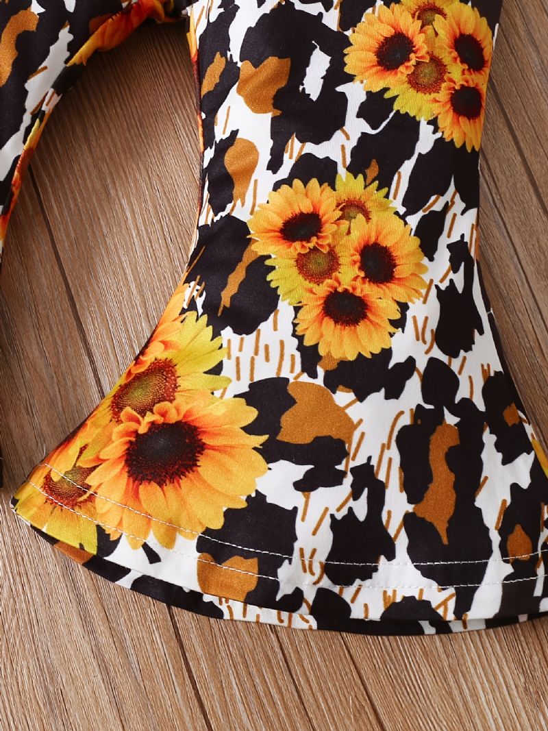 Dětské Dívčí Kombinézy Letter Print Dlouhý Rukáv Létající Rukávy Body & Sunflower Flare Leg Kalhoty A Čelenka Oblečení