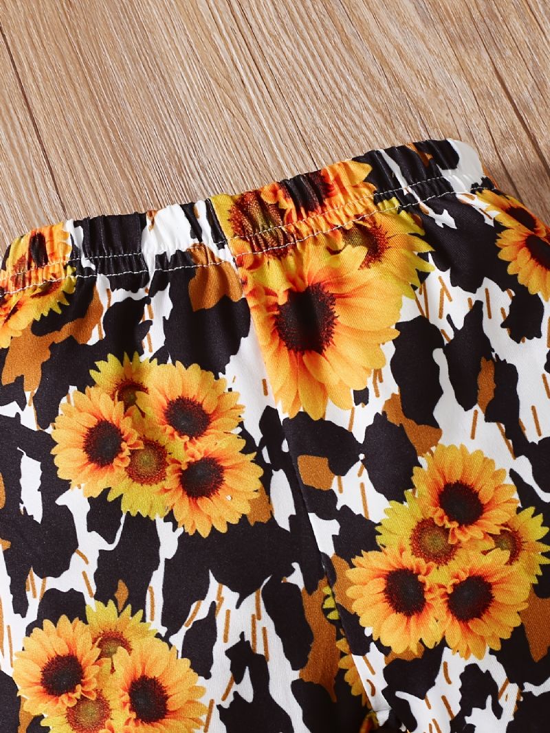 Dětské Dívčí Kombinézy Letter Print Dlouhý Rukáv Létající Rukávy Body & Sunflower Flare Leg Kalhoty A Čelenka Oblečení