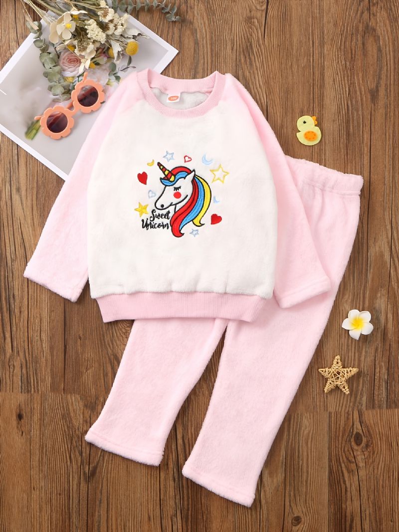 Dětské Flanelové Pyžamo Jednorožec Vyšívaný Kulatý Výstřih S Dlouhým Rukávem A Kalhotami Pro Dívky