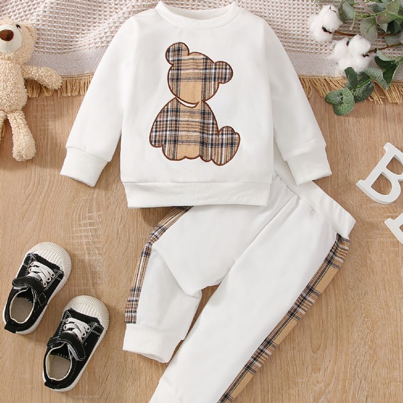 Děťátko Bear Print Mikina S Dlouhým Rukávem Patchwork Kostkované Kalhoty Set Podzim Zima