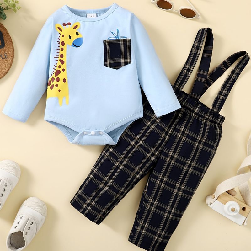 Děťátko Chlapci Deer Print Bodysuit Onesie & Plaid Suspender Kalts Set