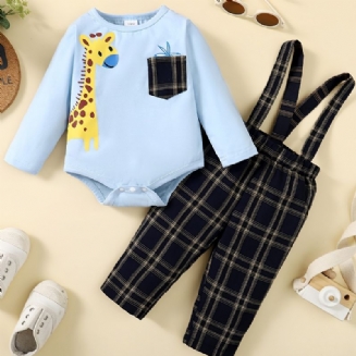 Děťátko Chlapci Deer Print Bodysuit Onesie & Plaid Suspender Kalts Set