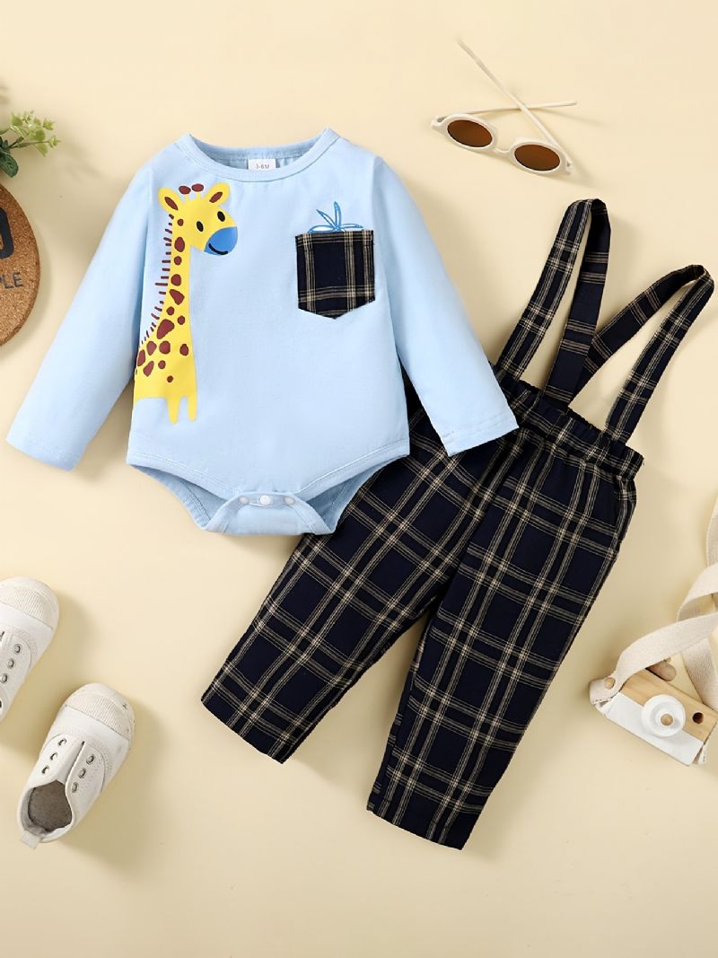 Děťátko Chlapci Deer Print Bodysuit Onesie & Plaid Suspender Kalts Set