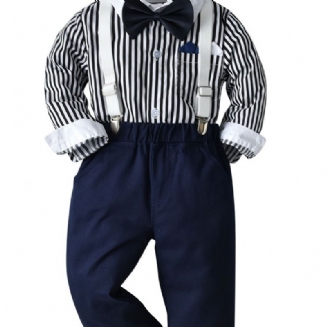 Děťátko Chlapci Gentleman Outfit Formální Oblek Dlouhý Rukáv Pruhovaná Kostkovaná Košile Podvazkové Kalhoty Motýlek Overaly Souprava Oblečení