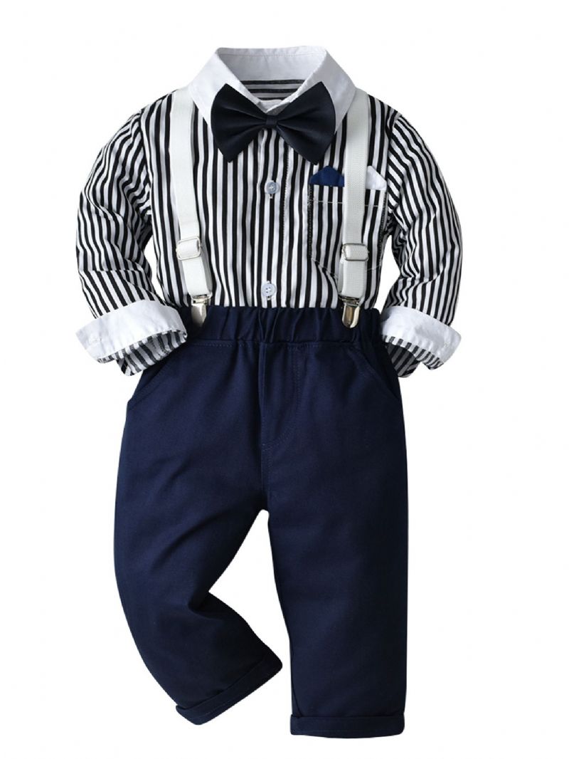 Děťátko Chlapci Gentleman Outfit Formální Oblek Dlouhý Rukáv Pruhovaná Kostkovaná Košile Podvazkové Kalhoty Motýlek Overaly Souprava Oblečení