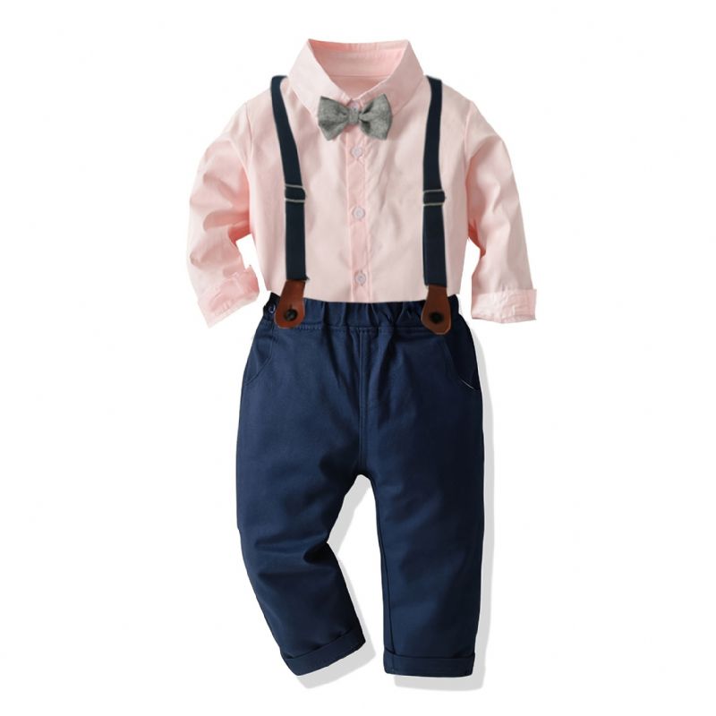 Děťátko Chlapci Gentleman Outfit Formální Oblek Dlouhý Rukáv Pruhovaná Kostkovaná Košile Podvazkové Kalhoty Motýlek Overaly Souprava Oblečení