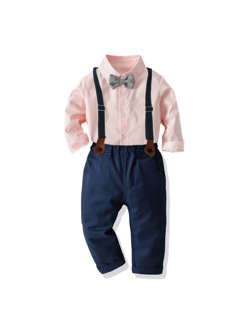 Děťátko Chlapci Gentleman Outfit Formální Oblek Dlouhý Rukáv Pruhovaná Kostkovaná Košile Podvazkové Kalhoty Motýlek Overaly Souprava Oblečení