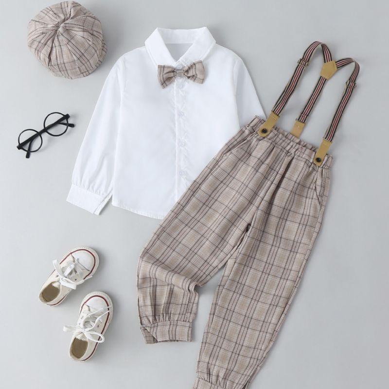 Děťátko Chlapci Gentleman Outfit Košile S Dlouhým Rukávem S Mašlí A Kostkované Podvazkové Kalhoty Set Dětské Oblečení