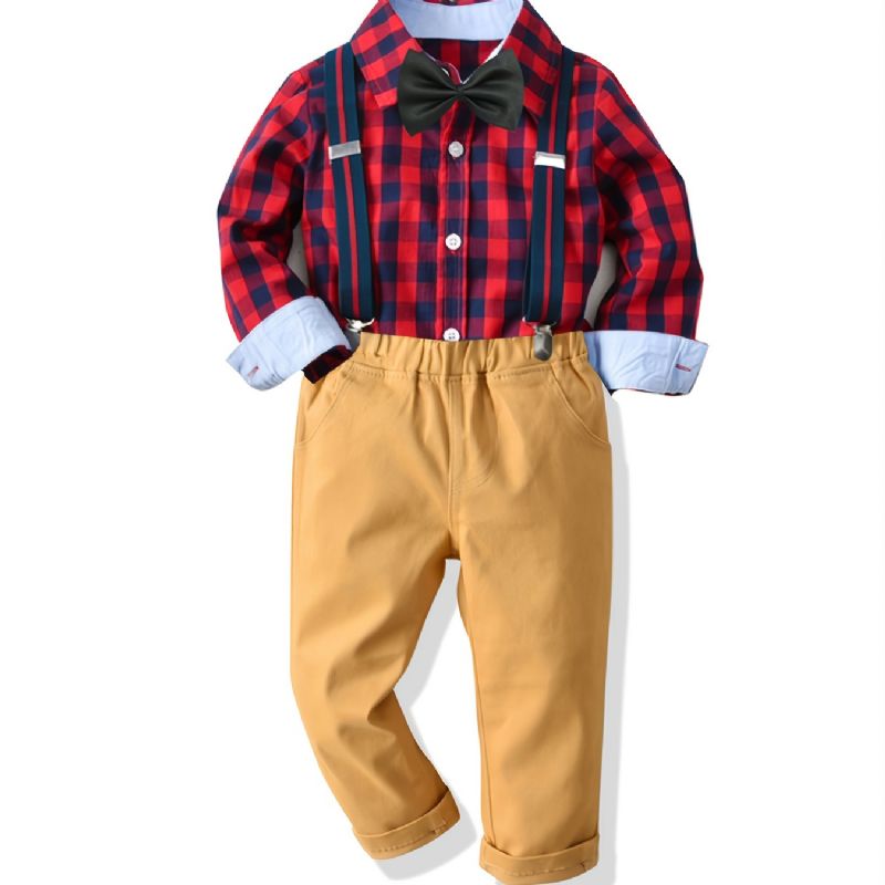 Děťátko Chlapci Gentleman Outfit Motýlek S Dlouhým Rukávem Kostkovaná Košile A Podvazkové Kalhoty Set Dětské Oblečení