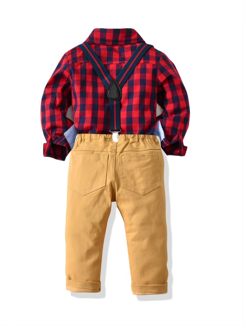 Děťátko Chlapci Gentleman Outfit Motýlek S Dlouhým Rukávem Kostkovaná Košile A Podvazkové Kalhoty Set Dětské Oblečení