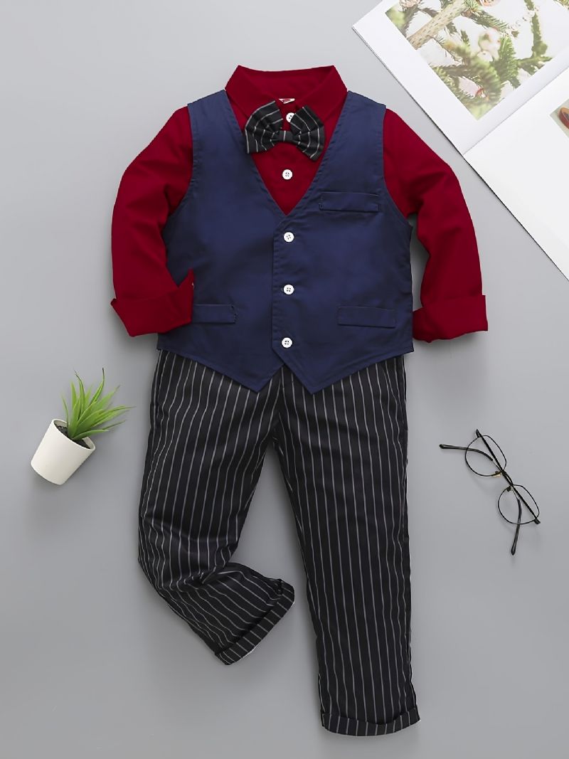 Děťátko Chlapci Gentleman Outfit Motýlek S Dlouhým Rukávem Košile & Vesta & Stripes Sada Kalhot Dětské Oblečení