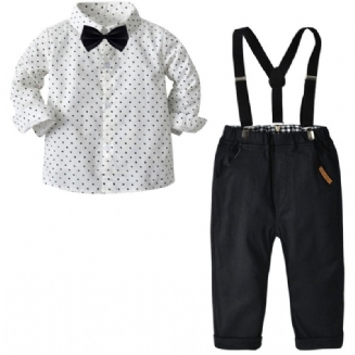 Děťátko Chlapci Gentleman Outfit Puntíková Košile S Dlouhým Rukávem A Podvazkové Kalhoty S Mašlí Sada Dětského Oblečení