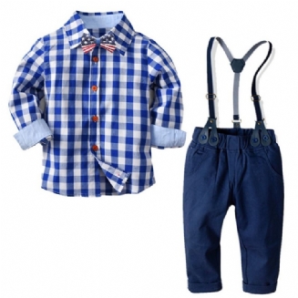 Děťátko & Chlapci Gentleman Plaids Motýlek Košile A Podvazkové Kalhoty Soupravy Oblečení