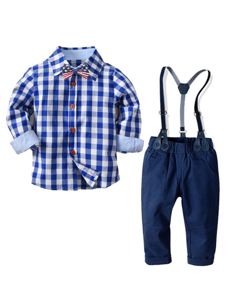 Děťátko & Chlapci Gentleman Plaids Motýlek Košile A Podvazkové Kalhoty Soupravy Oblečení
