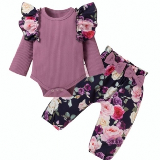 Děťátko Dívky Botanický Květinový Potisk Nařasený Overal & Bow Kalhoty Set
