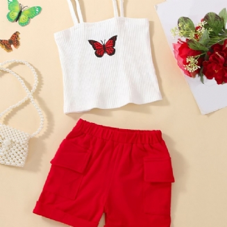 Děťátko Dívky Butterfly Print Cami Top & Jednobarevné Kapsové Šortky Dětské Oblečení Set
