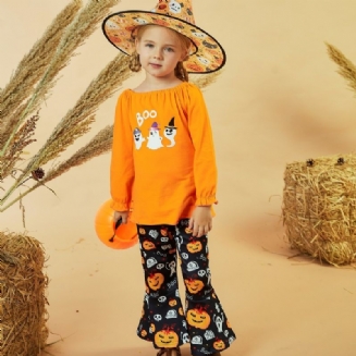 Děťátko Dívky Halloween Kalhoty Set Dlouhý Rukáv Ghost Print Tops S Rozšířenými Kalhotami Ležérní Outfit