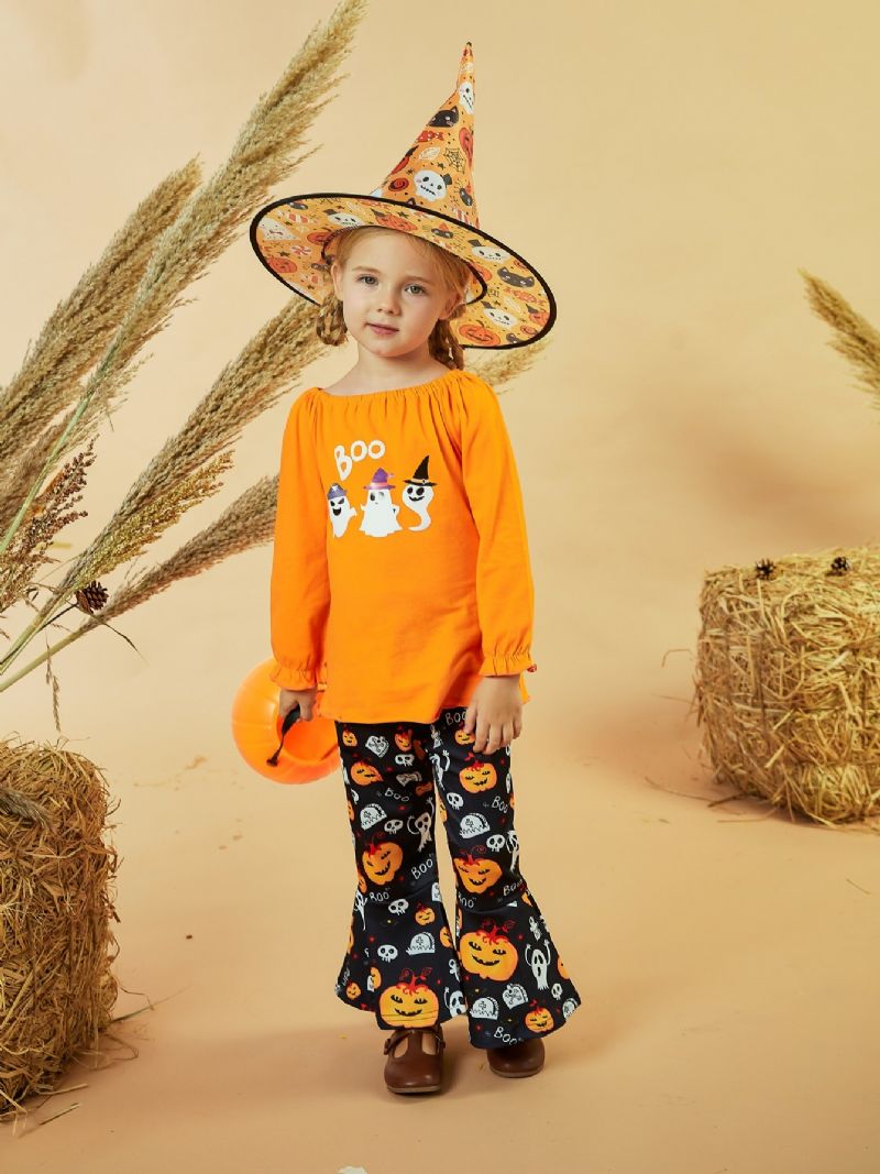 Děťátko Dívky Halloween Kalhoty Set Dlouhý Rukáv Ghost Print Tops S Rozšířenými Kalhotami Ležérní Outfit